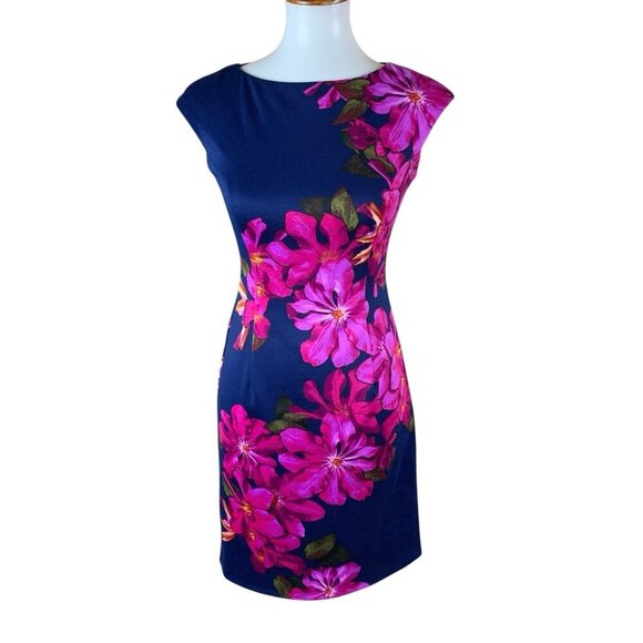 Wisp Navy Pink Floral Bodycon Cocktail Dress 0 - Picture 1 of 4